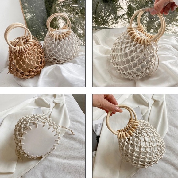 Wooden Ring Net Bag Lined Woven Beach Bag - Picture 9 of 12